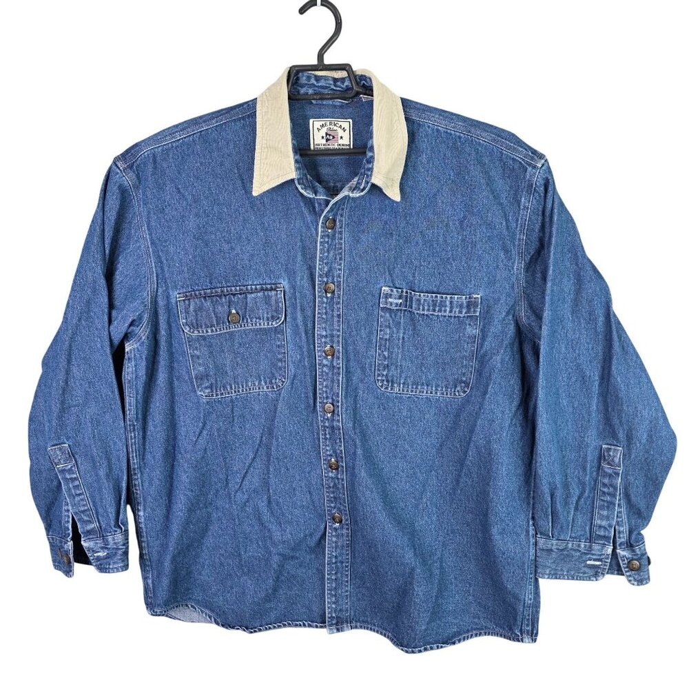 Mens American Blue Authentic Blue Denim Jacket Corduroy Collar Button Up Size XL